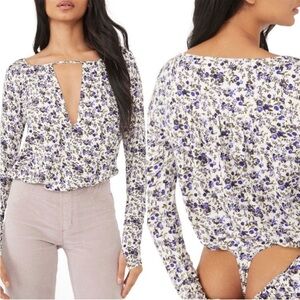 Free People Cutout Floral Caya Print Bodysuit Purple Lavender White NEW Size S